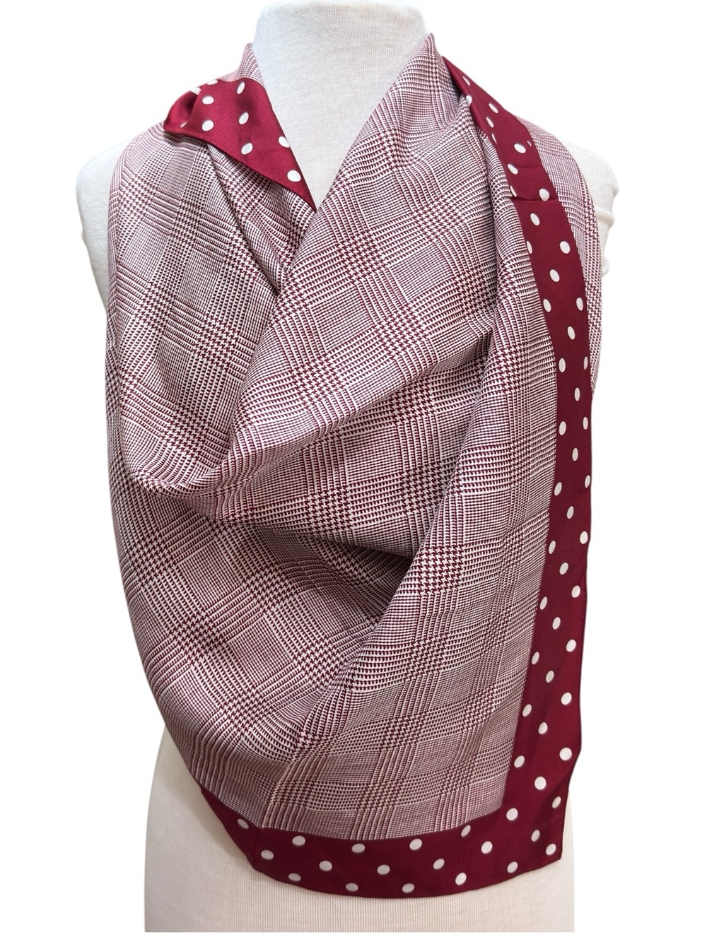 Vintage First Issue Scarf Burgundy Glen Plaid Polka Dot Large 35” Square